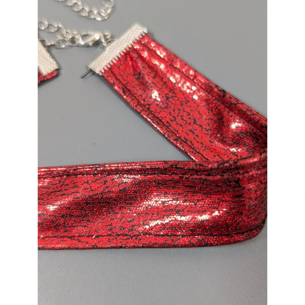 Red Metallic Satin‎ Ribbon Choker Wide Gothic Vamp Y2K 17